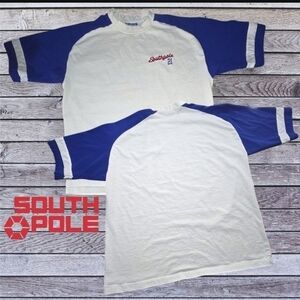 Y2K Southpole Raglan Mens Embroidered Logo Baseball Tee White Blue & Red L FLAW